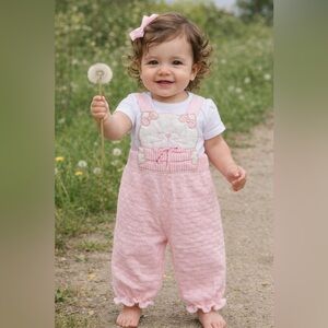 Vintage Pink Overalls Knit Kitten / Cat Overalls / Romper (9 Months)